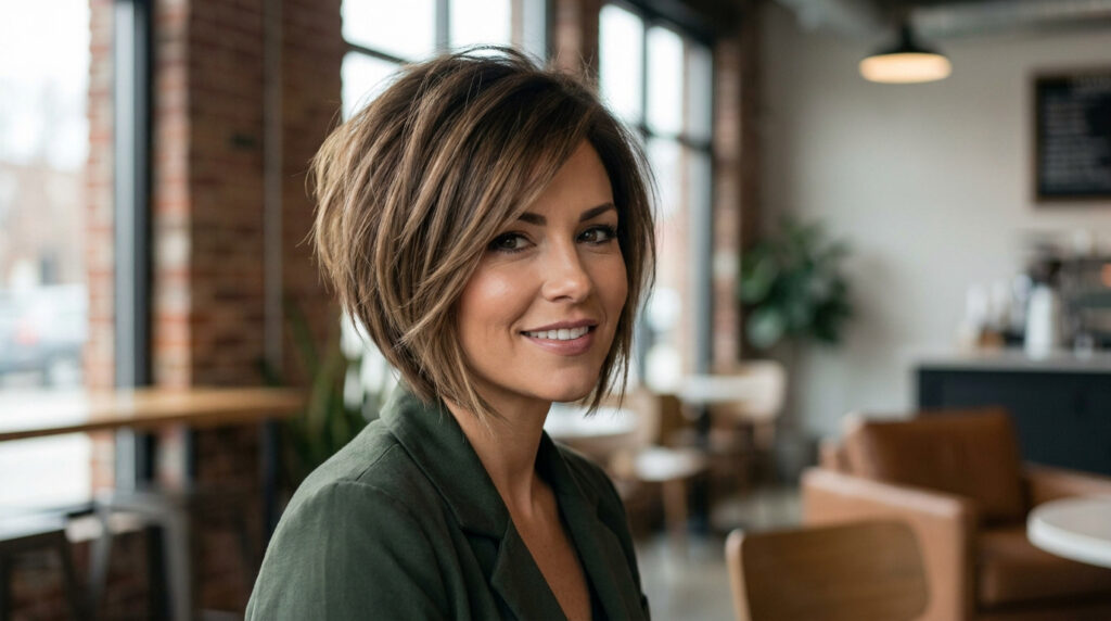 Femme souriante avec un carré plongeant brun aux reflets miel dans un café.