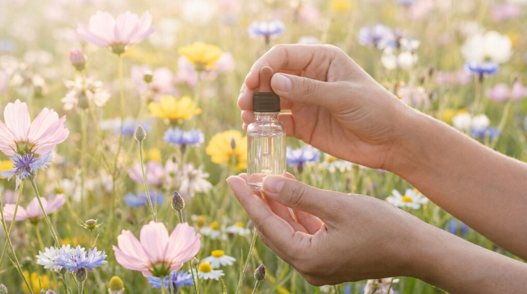 Mains tenant une petite fiole compte-gouttes dans un champ de fleurs sauvages colorées.