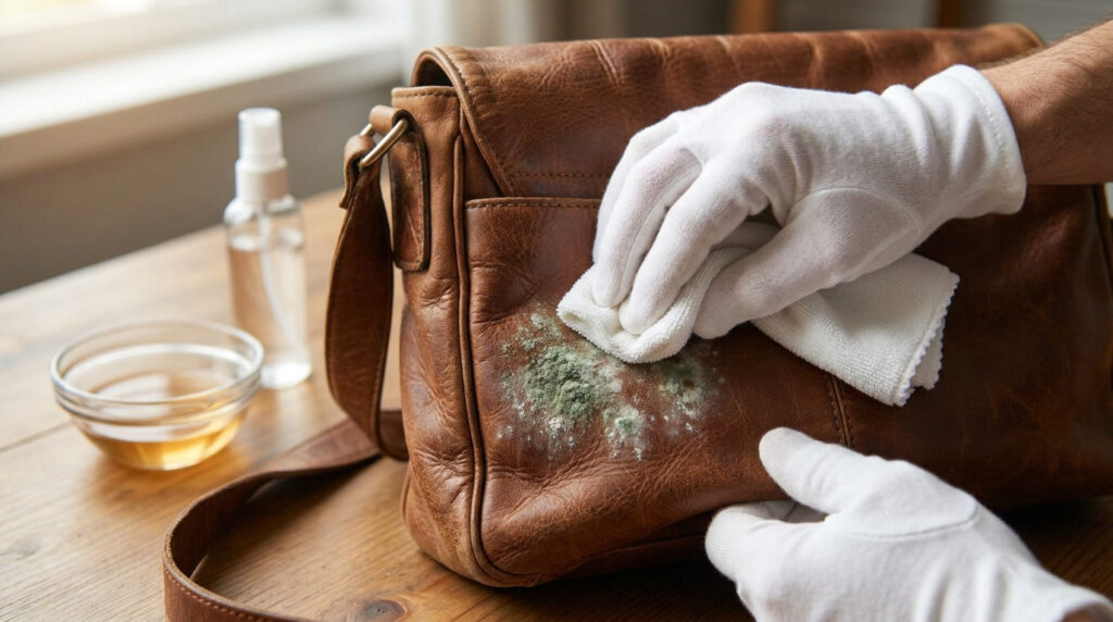 Une personne portant des gants blancs nettoie de la moisissure sur un sac en cuir marron avec un chiffon blanc.