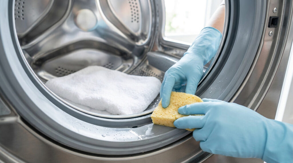 Une personne portant des gants bleus nettoie le joint d'une machine à laver avec une éponge jaune.