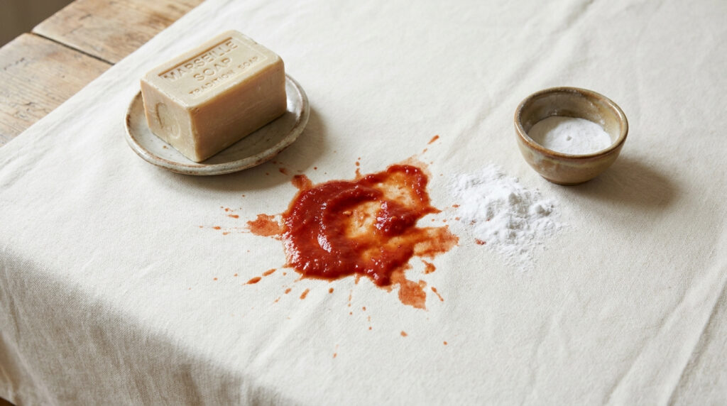Tache de sauce tomate sur une nappe blanche, entourée de savon de Marseille et de bicarbonate de soude.