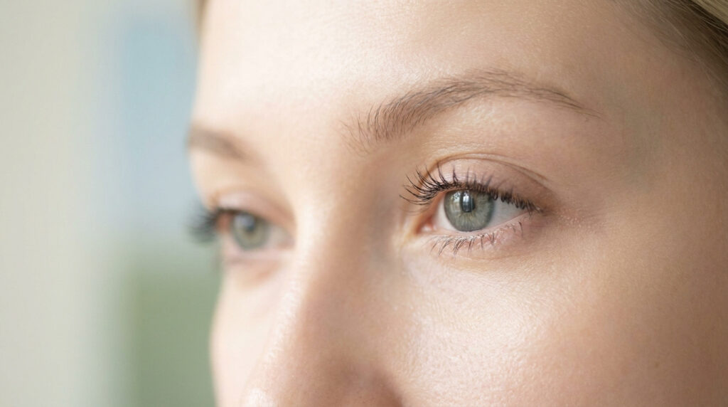 Gros plan sur le regard d'une femme aux yeux clairs et à la peau nette.