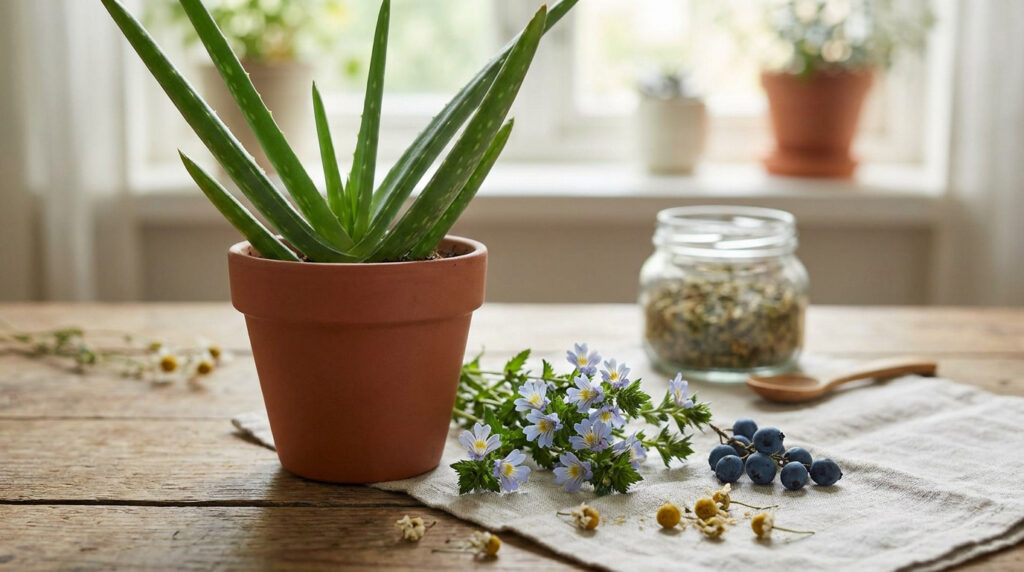 Plante d'aloe vera, fleurs sauvages et herbes séchées sur une table en bois pour des soins naturels des yeux.