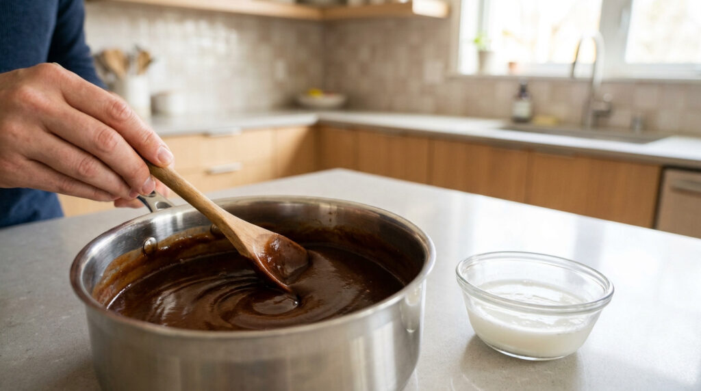 Une personne mélange une sauce brune dans une casserole avec une cuillère en bois, avec un bol de mélange Maïzena à côté.