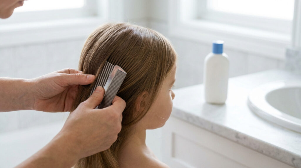 Une personne utilise un peigne anti-poux fin pour inspecter les cheveux d'une enfant dans une salle de bain.