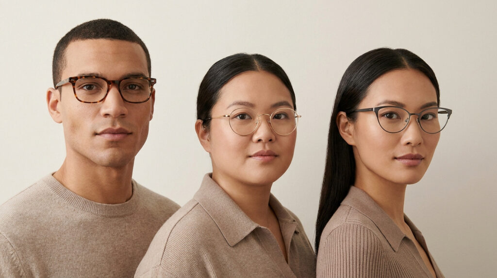 Trois personnes portant des lunettes de formes différentes, posant sur un fond beige neutre.