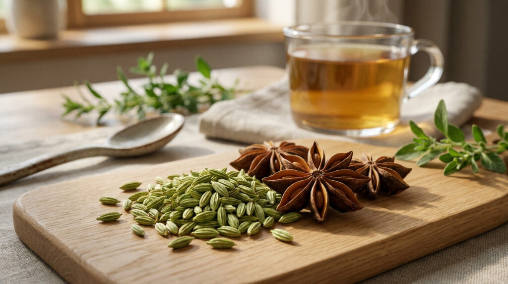 Graines d'anis, badianes et une tasse de tisane fumante sur une planche en bois.