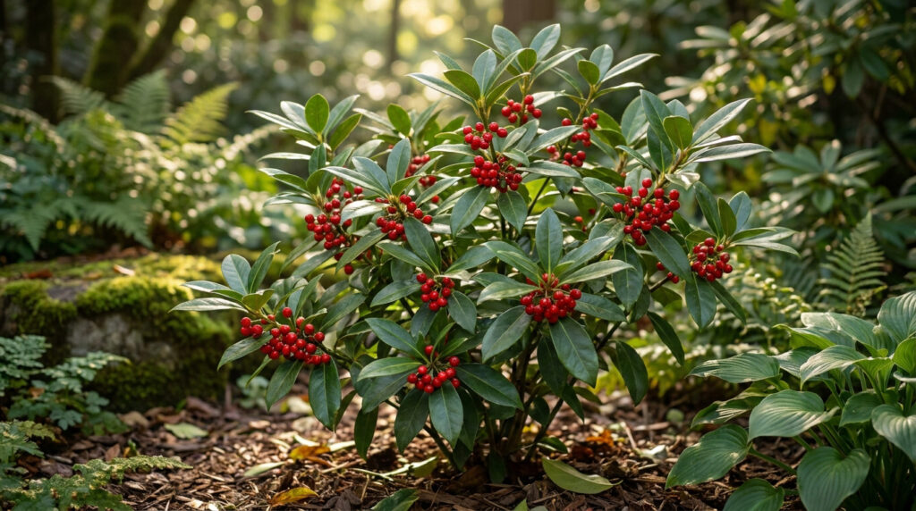 Un bel arbuste Aucuba Rozannie avec des feuilles vert foncé brillantes et des grappes de baies rouges éclatantes.