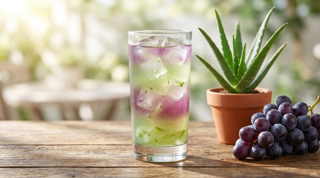 Un verre glacé mélant aloé vera et raisin sur une table en bois, accompagné d'une plante d'aloé et de raisins frais.