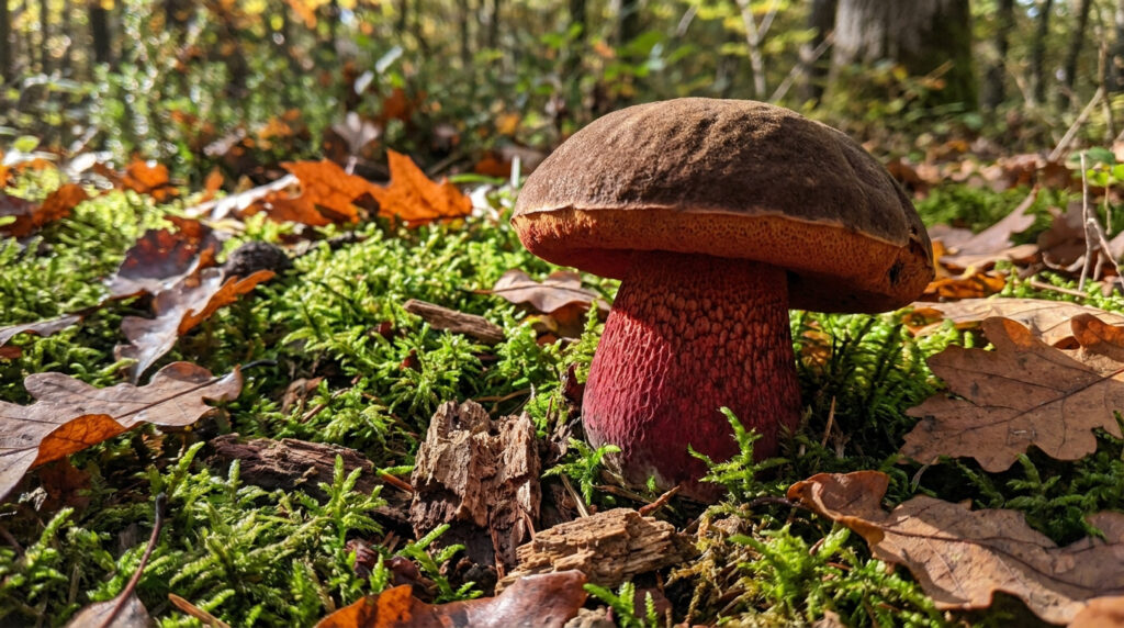 Un bolet à pied rouge (Neoboletus erythropus) poussant sur un tapis de mousse et de feuilles mortes en forêt.