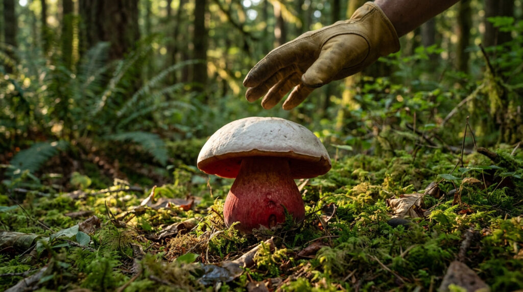 Une main gantée s'approche d'un champignon au chapeau clair et au pied rouge dans une forêt moussue.