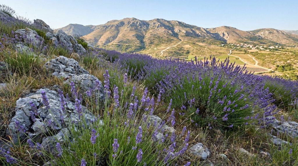 Champs de lavande en fleur poussant sur un sol rocheux avec des montagnes en arrière-plan sous un ciel bleu.