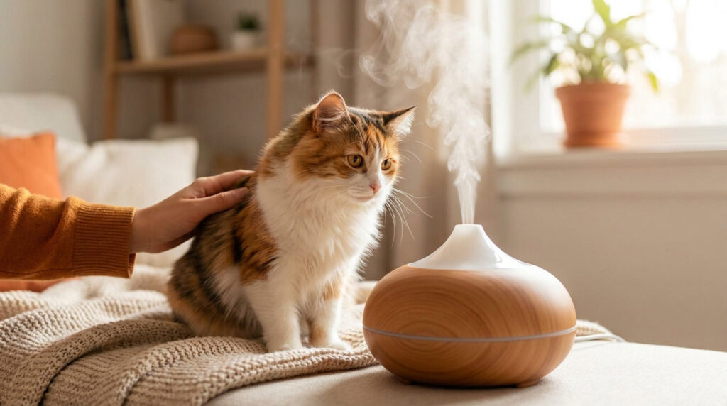 Un chat tricolore assis près d'un diffuseur d'huiles essentielles en bois fumant dans un salon lumineux.