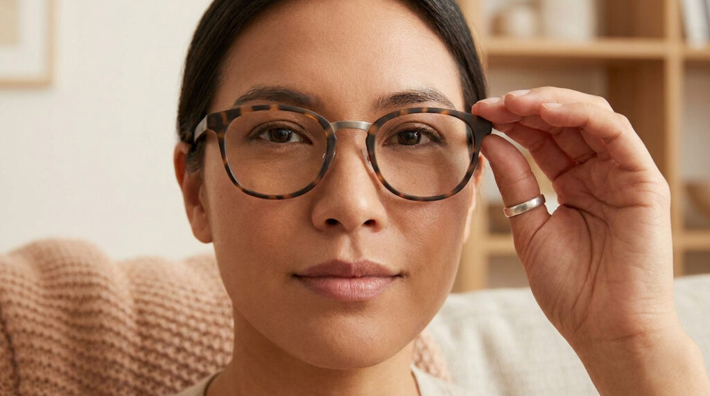 Une femme ajuste ses lunettes à monture écaille avec un pont métallique, focalisant sur l'ajustement du nez.