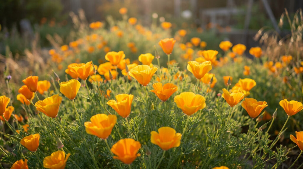 Champ de pavots de Californie orange vif baignés par une lumière dorée au coucher du soleil.