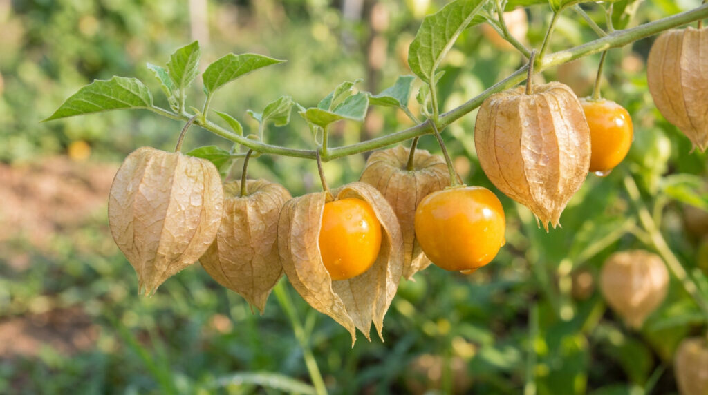 Baies de physalis (coqueret du Pérou) mûres dans leurs calices en papier sur une branche.