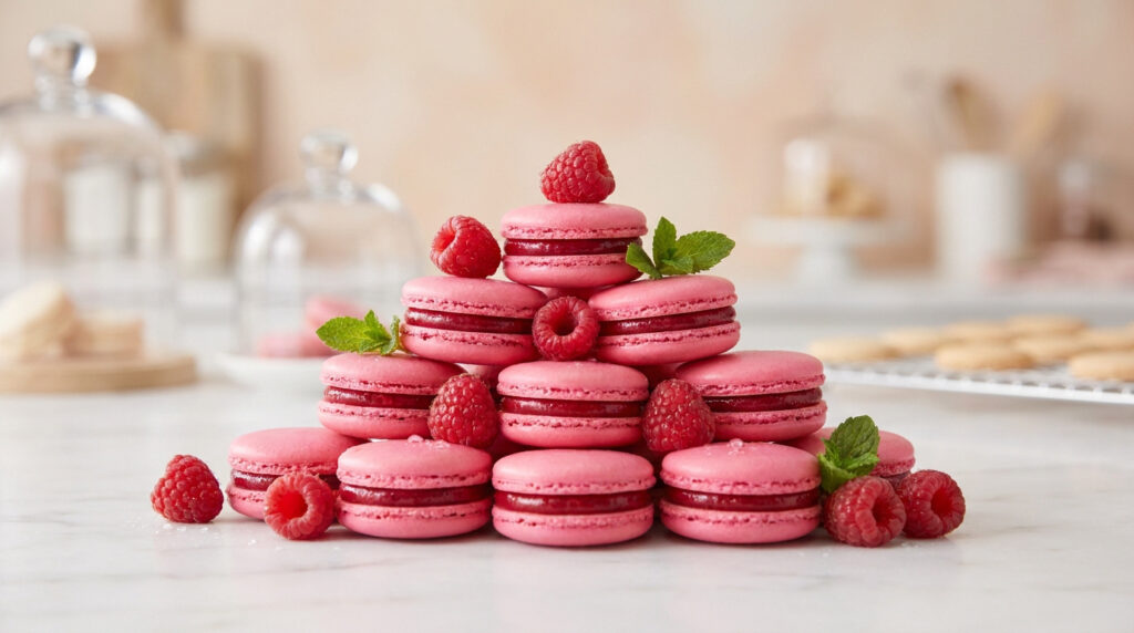 Une pyramide de macarons roses garnis de framboises fraîches et de feuilles de menthe sur un plan de travail.