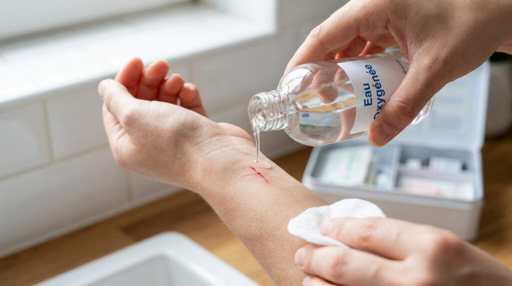 Une personne verse de l'eau oxygénée sur une petite coupure à l'avant-bras pour désinfecter la plaie.