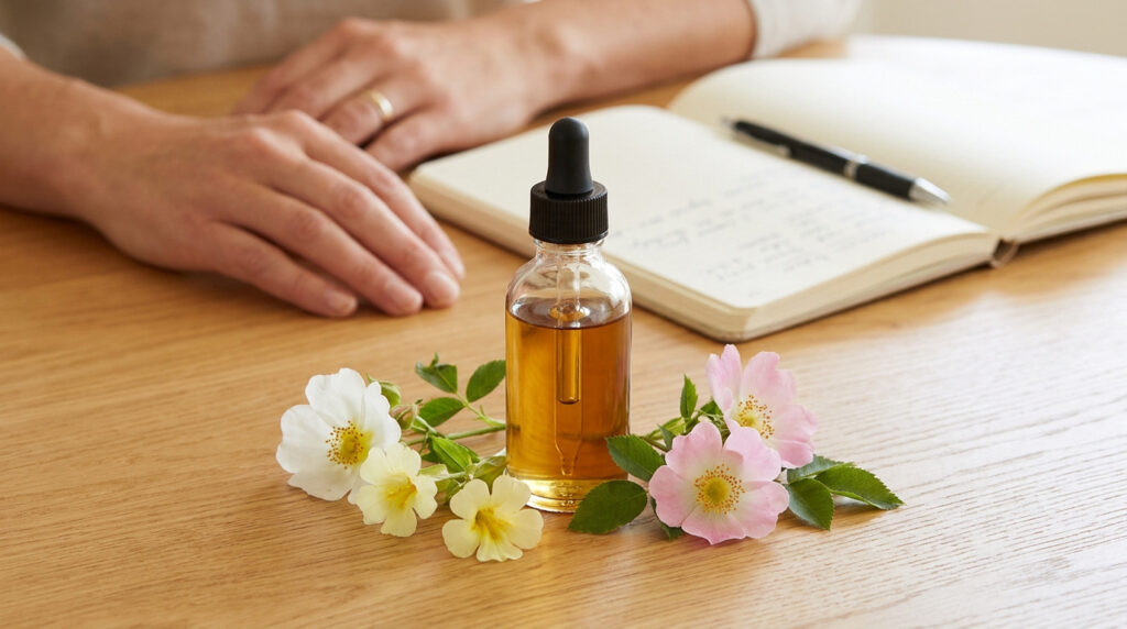 Une fiole de fleurs de Bach avec un compte-gouttes entourée de fleurs sauvages sur une table en bois.