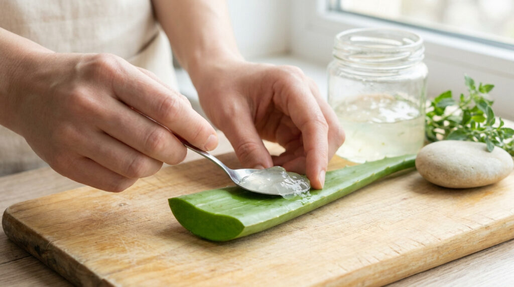 Mains extrayant le gel d'une feuille d'aloe vera sur une planche en bois avec un bocal et des herbes aromatiques.
