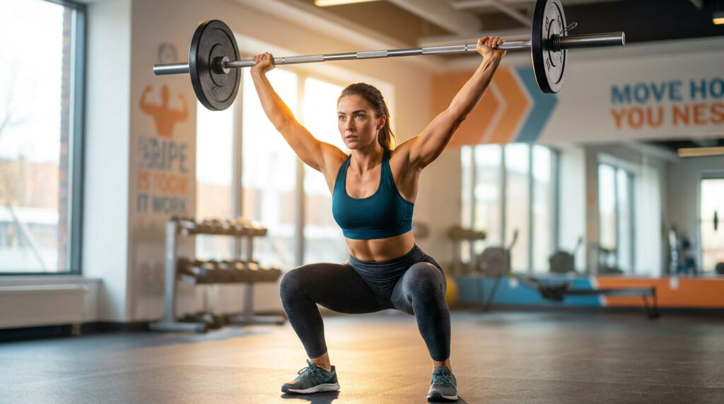 Une femme athlétique faisant un squat avec une barre olympique au-dessus de sa tête dans une salle de sport moderne.