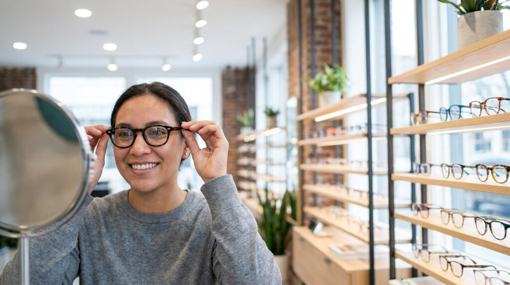 Une cliente souriante essaie des lunettes devant un miroir dans la boutique Lunettes pour tous.