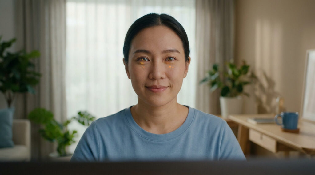 Une femme souriante face à un écran avec des effets visuels numériques subtils sur ses yeux.