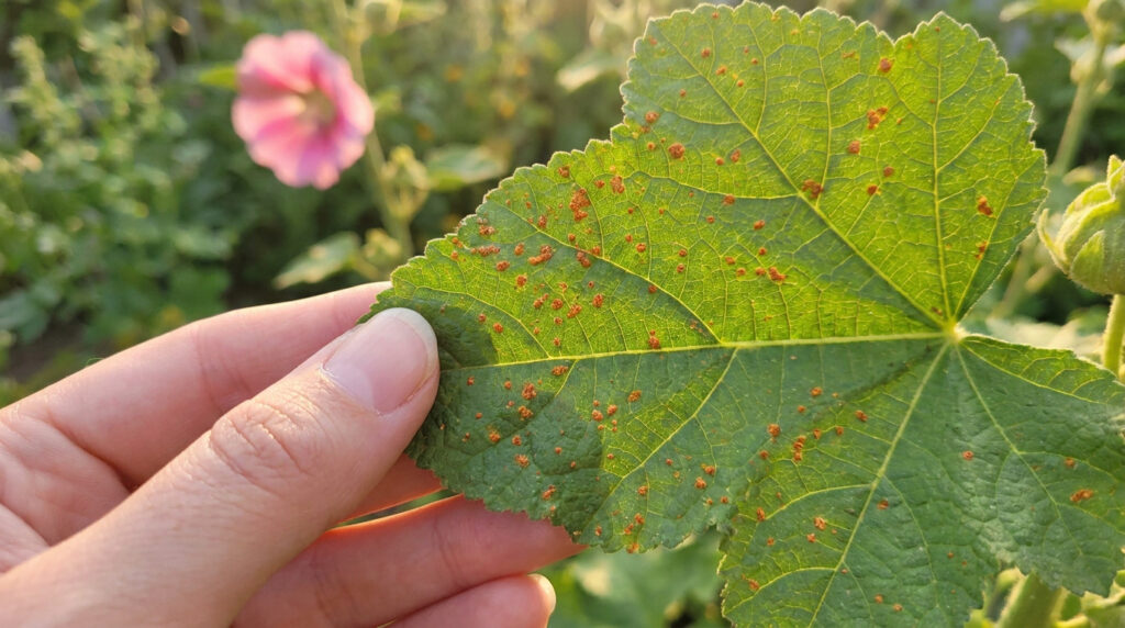 Une main tient une feuille de rose trémière verte parsemée de taches orange caractéristiques de la rouille.