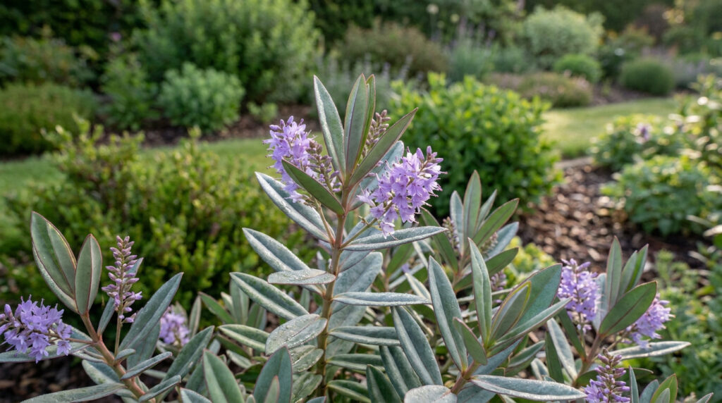 Gros plan sur un arbuste Hebe Red Edge avec ses feuilles gris-vert bordées de rouge et ses inflorescences mauves.