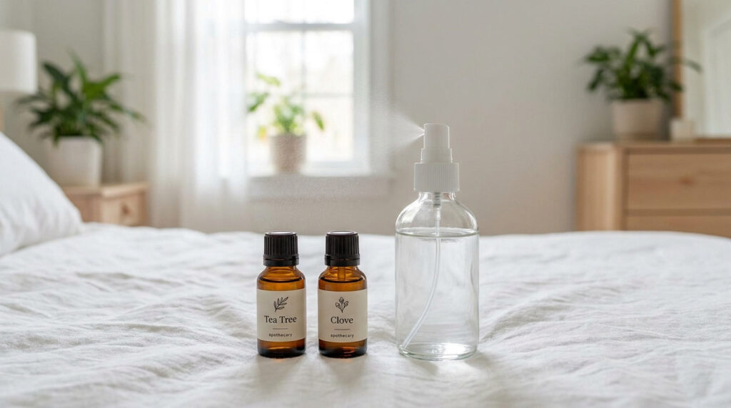 Spray et flacons d'huiles essentielles Tea Tree et Clove posés sur un lit pour lutter contre les acariens.
