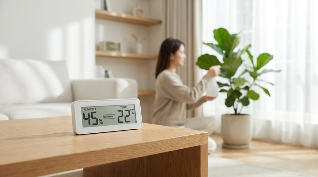 Hygromètre numérique sur une table en bois avec une femme floue soignant une plante en arrière-plan.