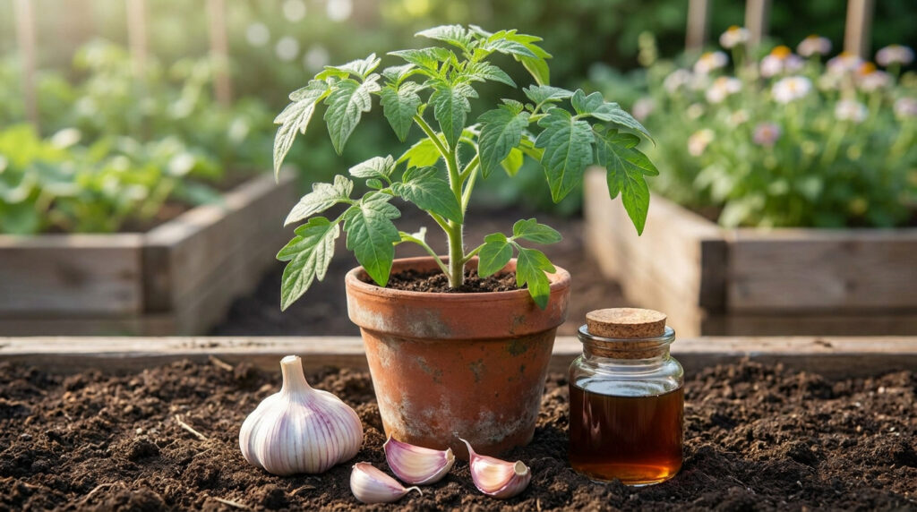 Un jeune plant de tomate en pot avec de l'ail et un flacon de solution naturelle dans un potager ensoleillé.