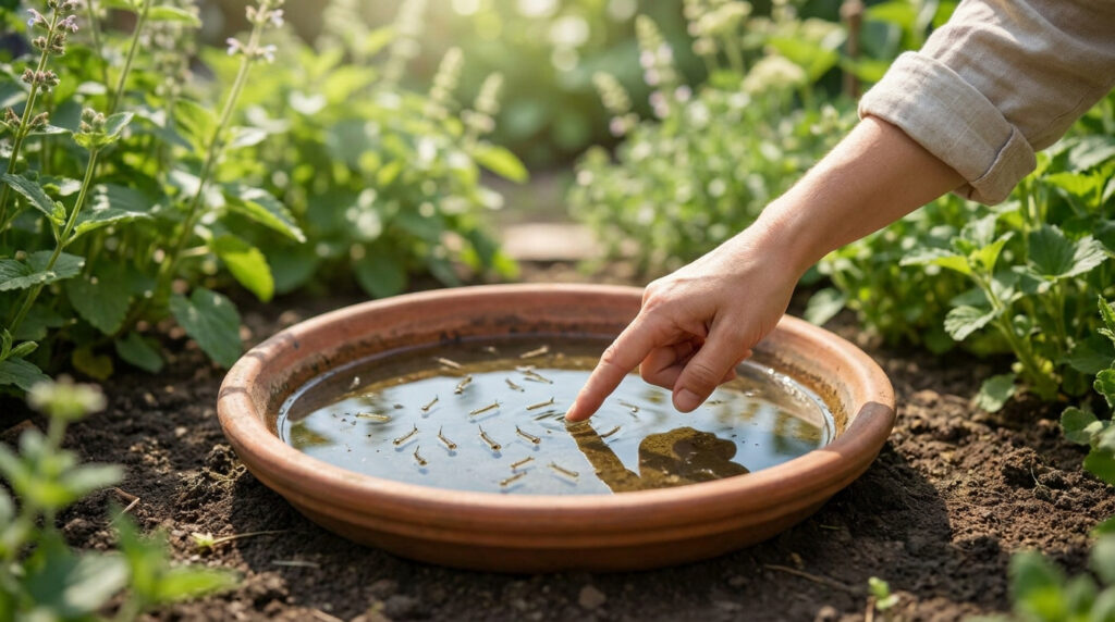 Une main pointe vers des larves de moustiques nageant dans une soucoupe de pot de fleurs remplie d'eau.