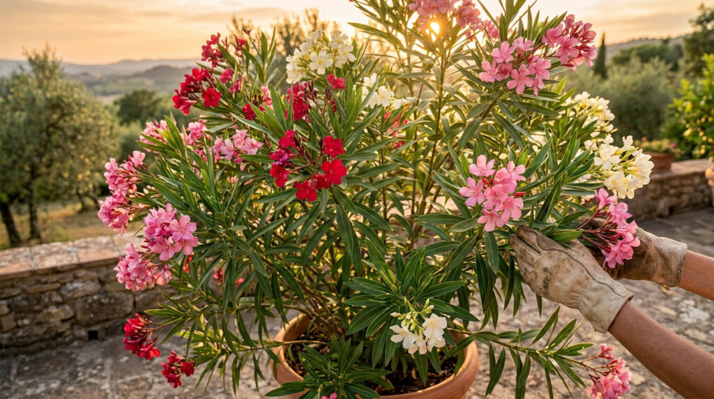 Mains avec gants de jardinage prenant soin d'un laurier-rose fleuri au coucher du soleil.