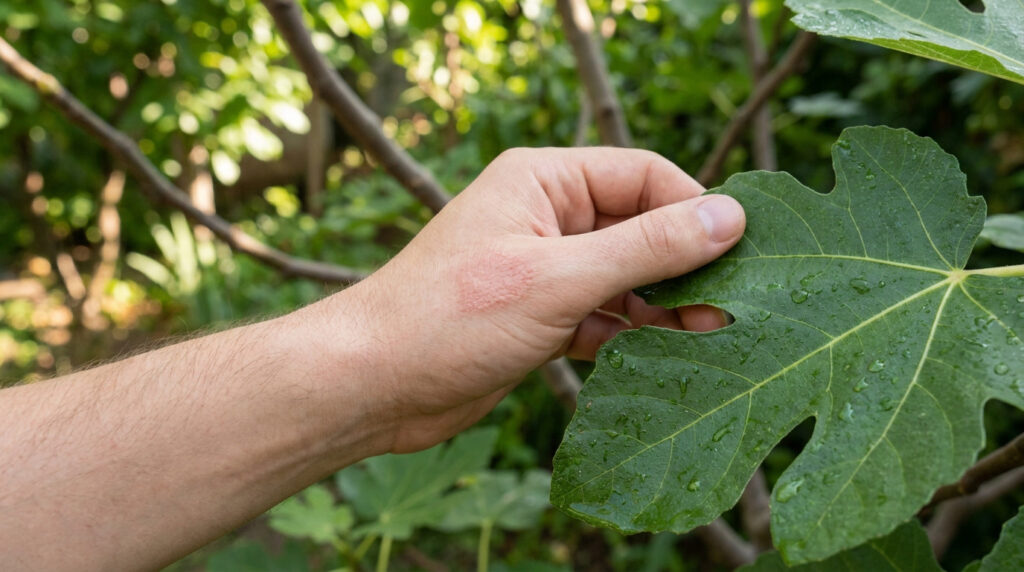 Main touchant une feuille de figuier avec une zone de peau rouge et irritée sur le dessus.
