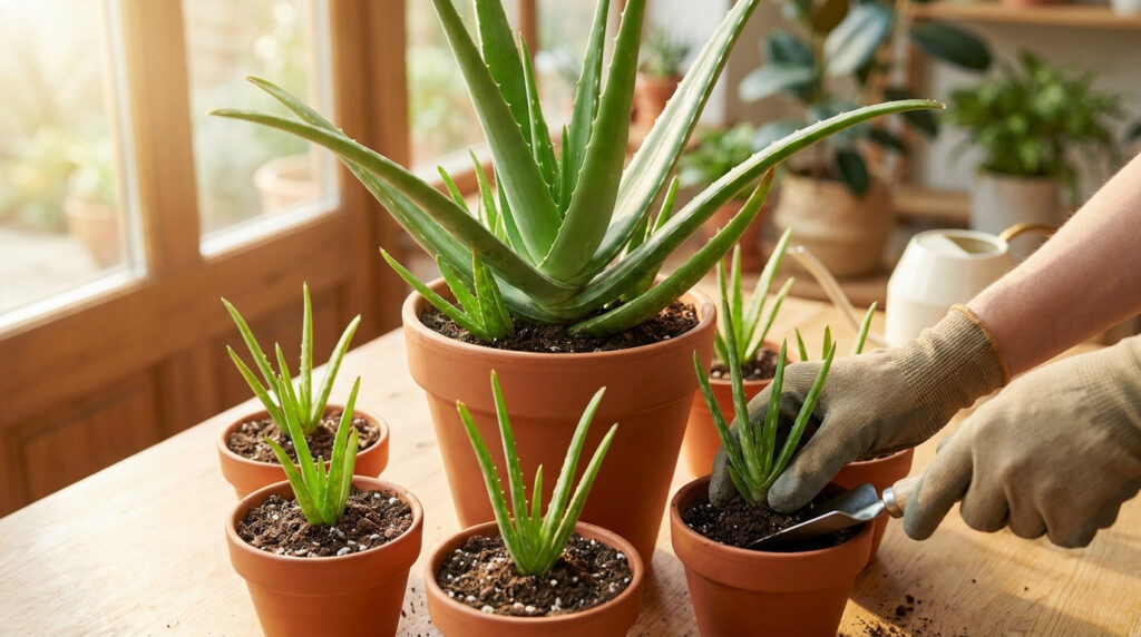 Mains gantées replantant un rejet d'aloe vera dans un petit pot en terre cuite sur une table en bois ensoleillée.