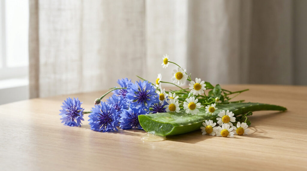 Fleurs de bleuet, camomille et feuille d'aloe vera fraîche sur une table en bois clair.