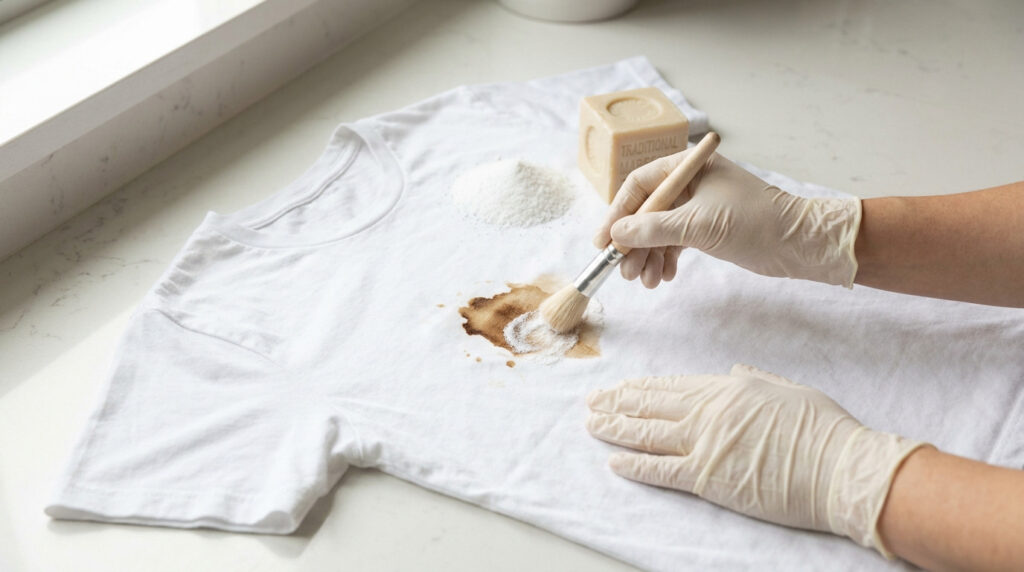 Mains avec gants nettoyant une tache sur un t-shirt blanc avec une brosse, du savon de Marseille et de la poudre.