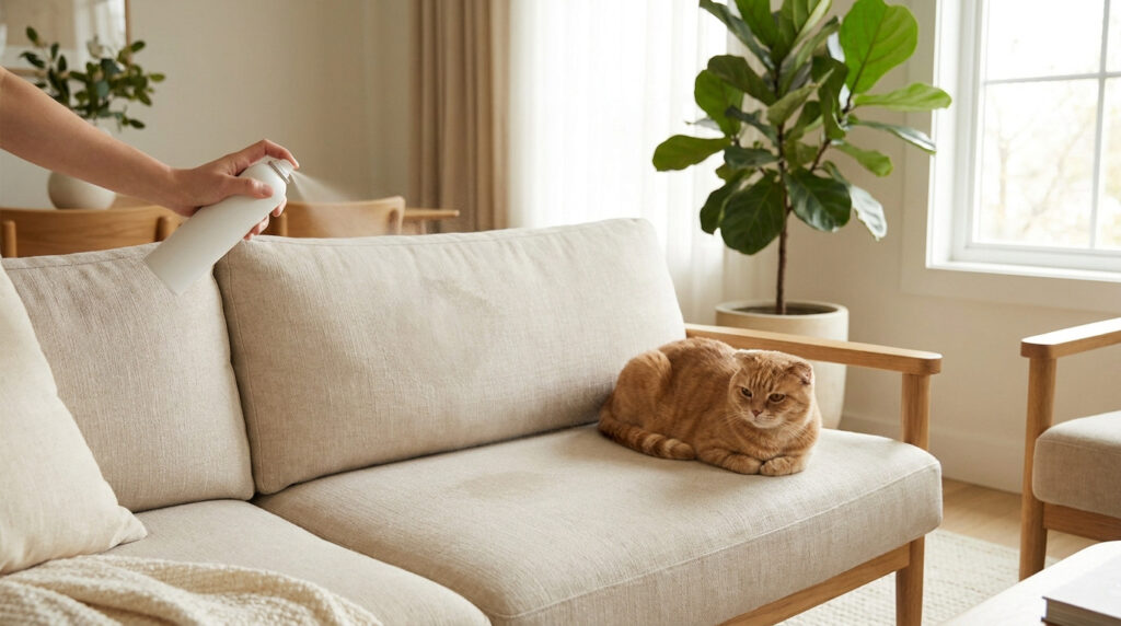 Une main vaporise un produit nettoyant sur un canapé beige en tissu près d'un chat roux assis tranquillement.
