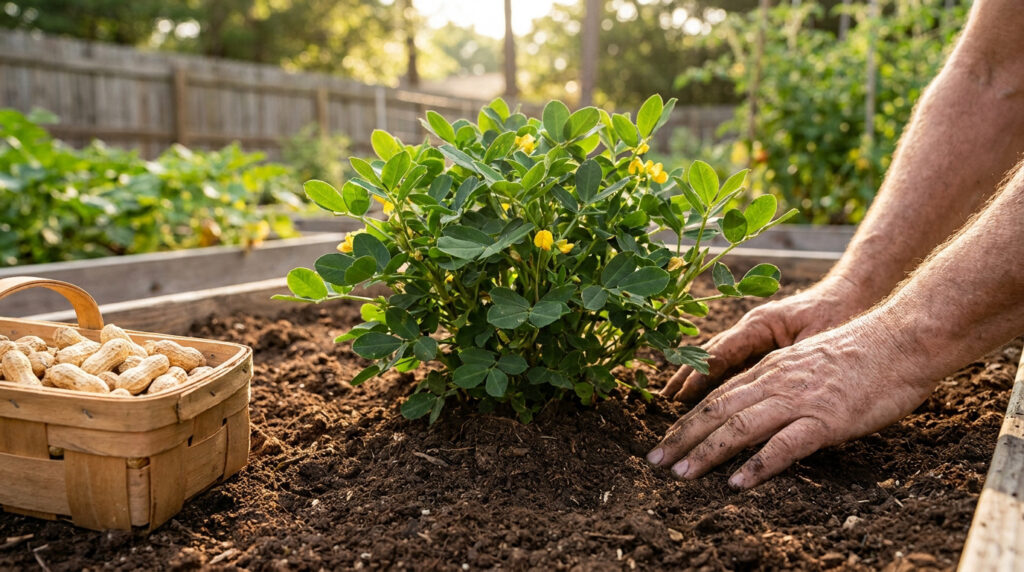 Mains de jardinier s'occupant d'un plant de cacahuète dans un potager ensoleillé avec un panier de récolte.