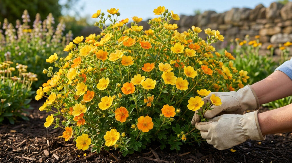 Mains gantées de jardinier s'occupant d'un buisson de potentilles aux fleurs jaunes et orangées dans un jardin.