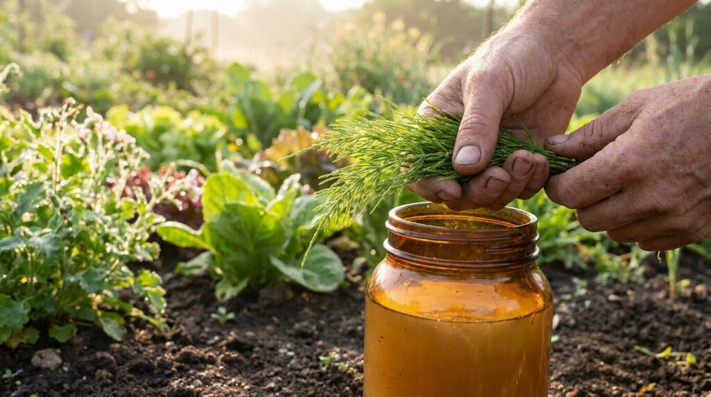 Mains d'un jardinier tenant de la prêle fraîche au-dessus d'un bocal en verre rempli d'un liquide brun dans un potager.