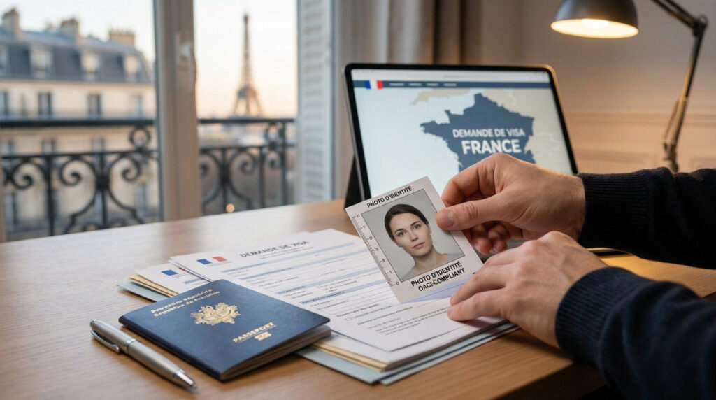 Mains tenant une photo d'identité devant un ordinateur affichant une demande de visa français avec la tour Eiffel en fond.
