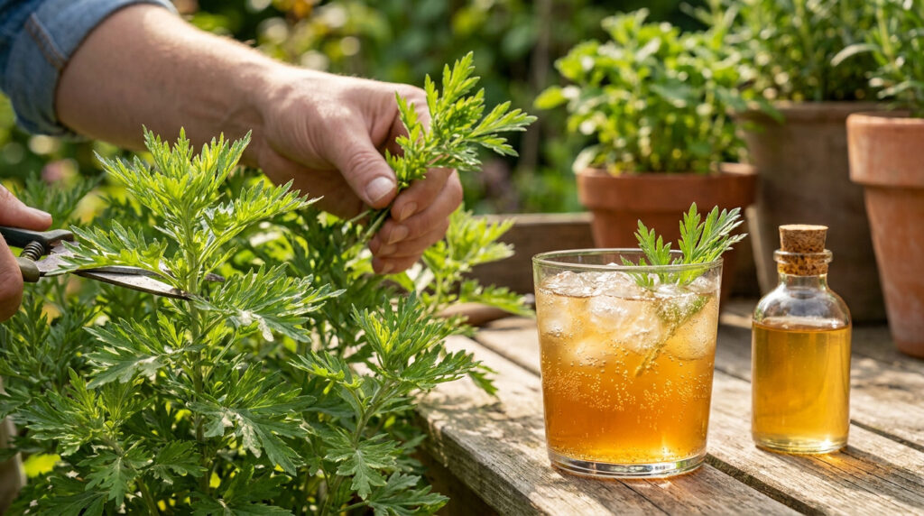 Mains coupant de l'aurone cola à côté d'un verre de boisson glacée et d'une petite bouteille sur une table en bois.