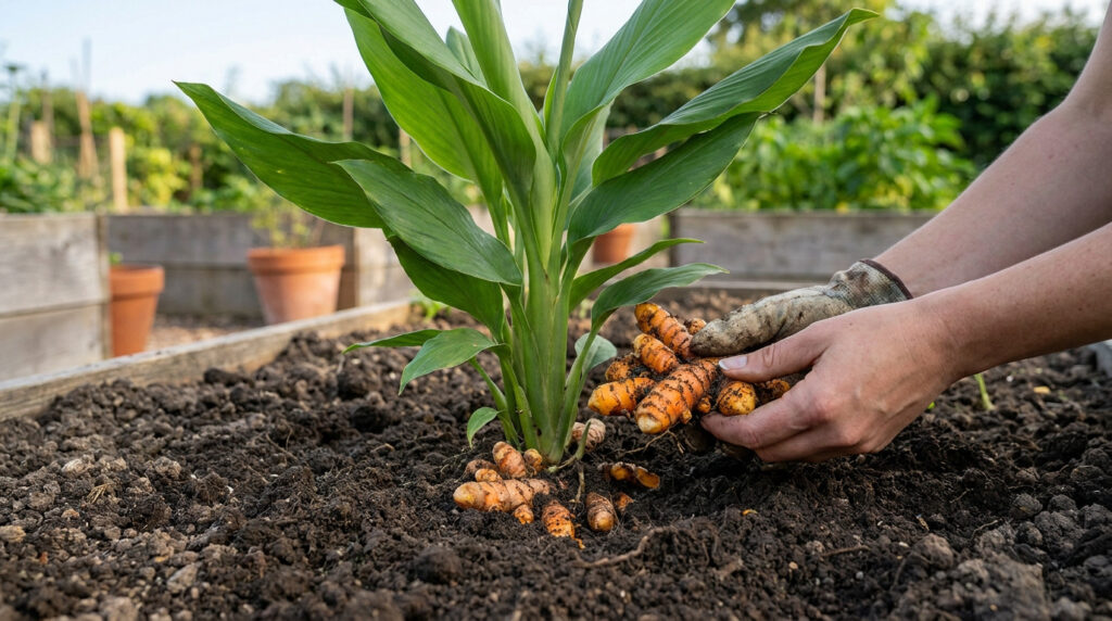 Mains gantées récoltant des rhizomes de curcuma frais dans un jardin potager au soleil.