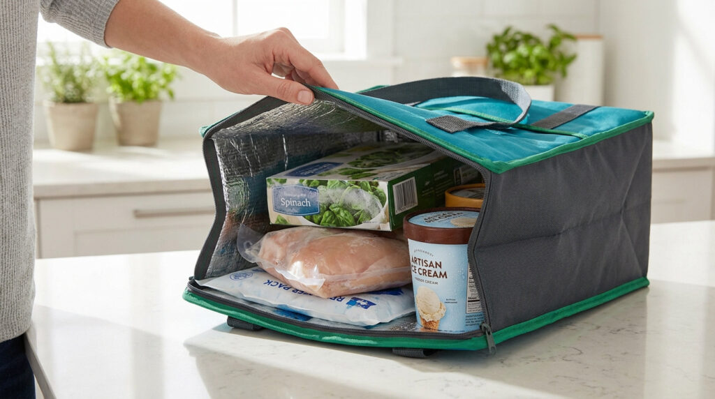 Une main ouvre un sac isotherme contenant des aliments surgelés comme des épinards, du poulet et de la glace.