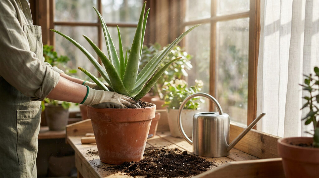 Une personne gantée rempote un aloe vera dans un pot en terre cuite sur une table en bois près d'une fenêtre.