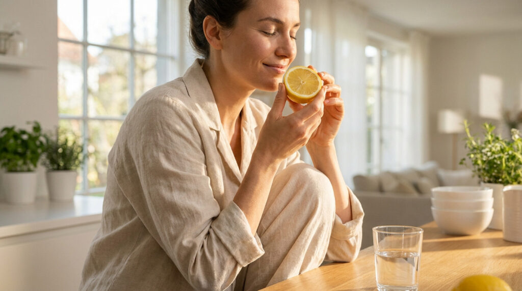 Une femme souriante sentant un demi-citron frais pour soulager ses nausées dans une cuisine lumineuse.