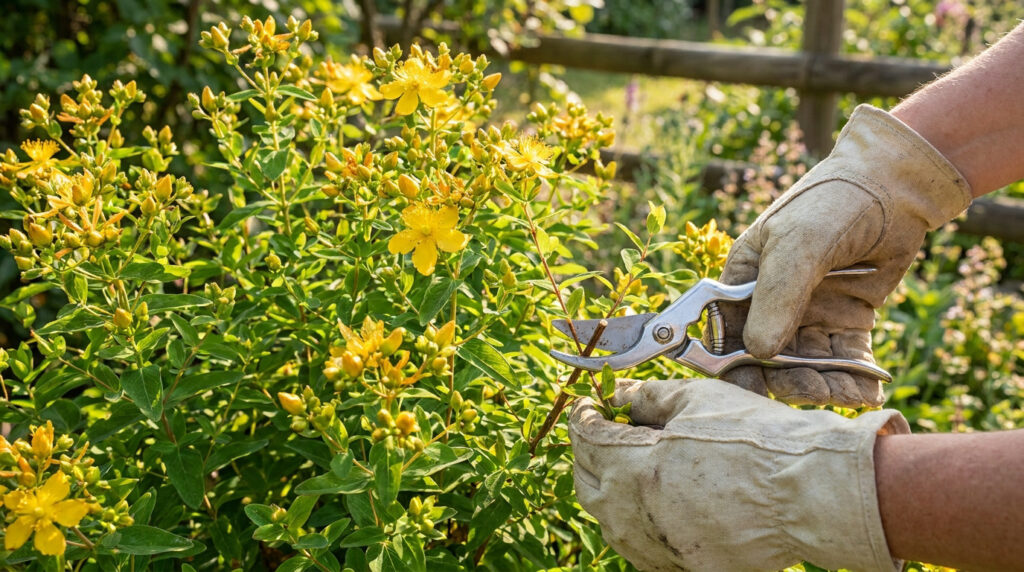 Mains gantées utilisant un sécateur pour tailler un millepertuis fleuri dans un jardin ensoleillé.