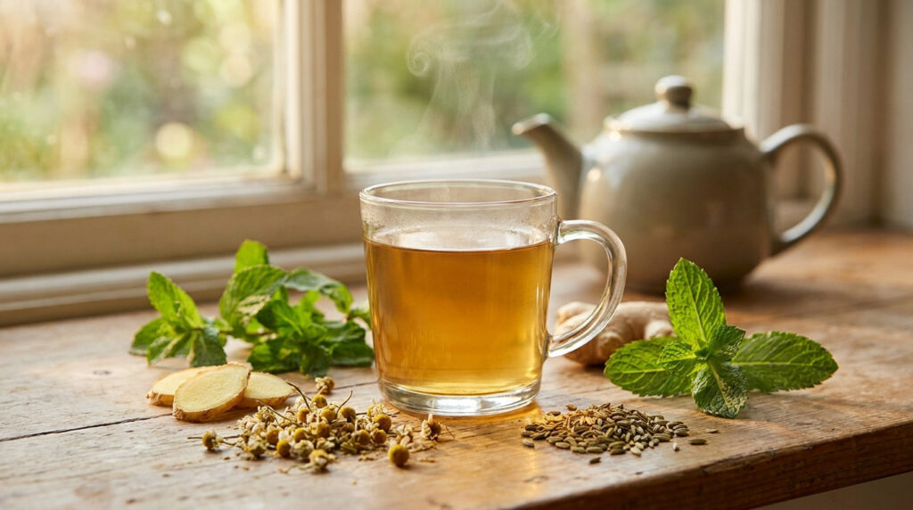 Une tasse de tisane fumante entourée de menthe fraîche, de gingembre, de camomille et de graines de fenouil sur une table.